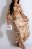 Casual Floral Print Off Shoulder  Lantern Sleeve Crop Tops And Maxi Skirts Vacation Two Pieces Dress Sets