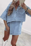 Casual Polo Collar Short Sleeves Pocket Denim Crop Tops And Irregular Hem Shorts Two Pieces Shorts Sets