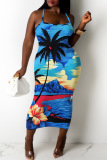 Sexy Tropicak Print Backless Sleeveless Spaghetti Strap Vacation Bodycon Slip Midi Dresses