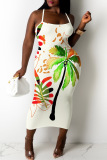 Sexy Tropicak Print Backless Sleeveless Spaghetti Strap Vacation Bodycon Slip Midi Dresses