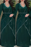 Casual Hot Drilling V Neck Long Sleeve Chiffon Slit Cinch Waist Formal Vacation Long A Line Maxi Dresses