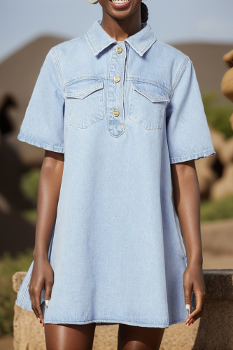 Casual Turndown Collar Short Sleeve Buttons Loose Denim A Line Mini Dresses