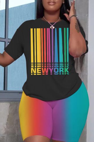 Casual Rainbow Color Letter Print O Neck Short Sleeve Oversize T-shirt And Shorts Two Pieces Shorts Sets