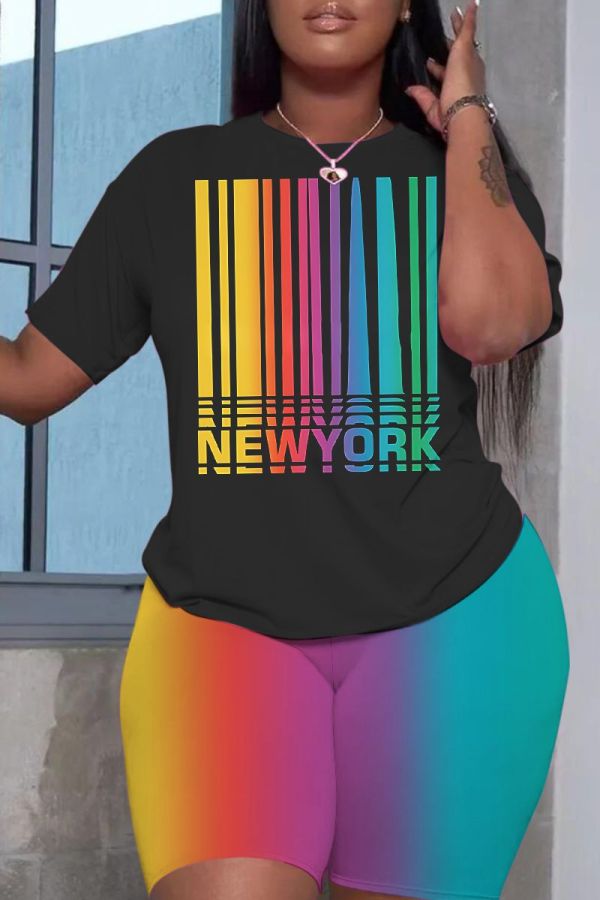Casual Rainbow Color Letter Print O Neck Short Sleeve Oversize T-shirt And Shorts Two Pieces Shorts Sets