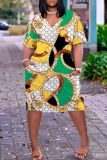 Casual Graphics Print Basic V Neck Short Sleeve Loose Pockets Midi T-shirt Dress