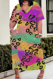 Casual Graphics Print V Neck Short Sleeves Pocket Straight Baggy Loose Plus Size T-shirt Midi Dresses