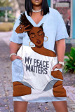Casual Figure Print V Neck Short Sleeve With Pockets Baggy T Shirt Midi Dress