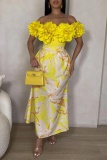 Sexy Floral Print Off Shoulder Sleeveless Backless Flower Trim Cinch Waist Vacation A Line Maxi Dress