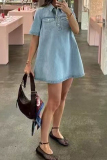 Casual Turndown Collar Short Sleeve Buttons Loose Denim A Line Mini Dresses