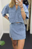 Casual Polo Collar Short Sleeves Pocket Denim Crop Tops And Irregular Hem Shorts Two Pieces Shorts Sets