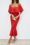 Sexy Prom Dropped Shoulder Ruffle Sleeve Cinch Waist Mermaid Hem Party Formal Bodycon Midi Dresses