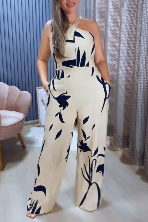 Casual Floral Print Sleeveless Vacation Cinch Waist Pockets Halter Wide Leg Jumpsuits
