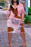 Casual Figure Print V Neck Short Sleeve With Pockets Baggy T Shirt Midi Dress