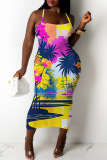 Sexy Tropicak Print Backless Sleeveless Spaghetti Strap Vacation Bodycon Slip Midi Dresses