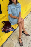 Casual Turndown Collar Short Sleeve Buttons Loose Denim A Line Mini Dresses