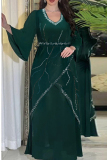 Casual Hot Drilling V Neck Long Sleeve Chiffon Slit Cinch Waist Formal Vacation Long A Line Maxi Dresses