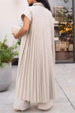 Casual Cardigan Collar Short Sleeve Buckle Pleated Longline Blazer Tops And Wide Leg Pants Office Lady Two Pieces Suit Set