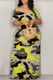 Casual Pattern Print Off Shoulder Short Sleeve Loose Floor Lengh Contrast Vacation Maxi Dresses