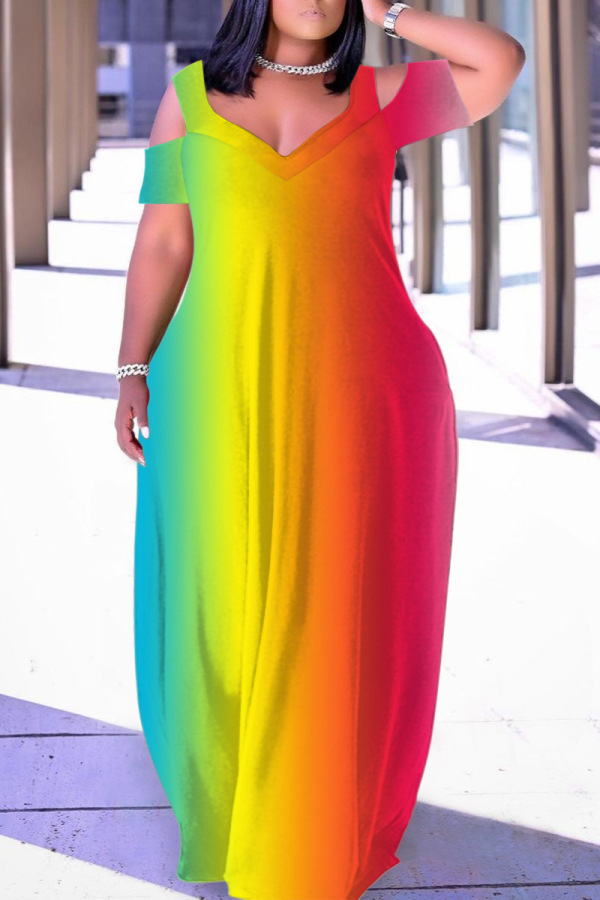 Casual Rainbow Color Gradient Print V Neck Cold Shoulder Hollow Out Baggy Loose Vacation Maxi Dresses