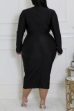 Sexy Party Formal V Neck Long Sleeve Fringed Trim Hollow Out Evening Plus Size Bodycon Midi Dresses