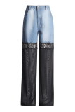 Casual Lace Patchwork Spliced Mid Waist Straight Leg Denim Jeans