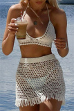 Knit Sexy Backless Fringed Trim Hollow Out Lace Up Bikini Sets Cover Ups Tassel Skirt Vacation Beach Swimwears