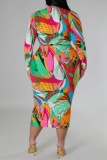 Casual Leaf Tropical Print O Neck Long Sleeve Belt Plus Size Vacation Bodycon Midi Dresses