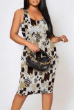 Casual Pattern Print U Neck Sleeveless Contrast Bodycon Midi Tank Dresses