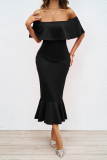 Sexy Prom Dropped Shoulder Ruffle Sleeve Cinch Waist Mermaid Hem Party Formal Bodycon Midi Dresses
