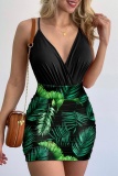 Casual Floral Print Backless V Neck Sleeveless Cami Tops Ruched Mini Skirts Vacation Two Pieces Dress Sets