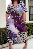 Casual Graphics Print V Neck Short Sleeves Pocket Straight Baggy Loose Plus Size T-shirt Midi Dresses