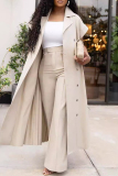 Casual Cardigan Collar Short Sleeve Buckle Pleated Longline Blazer Tops And Wide Leg Pants Office Lady Two Pieces Suit Set