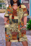 Casual Graphics Print Basic V Neck Short Sleeve Loose Pockets Midi T-shirt Dress