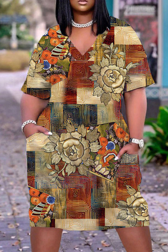 Casual Graphics Print Basic V Neck Short Sleeve Loose Pockets Midi T-shirt Dress