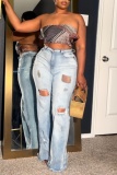 Casual High Waist Ripped Distressed Raw Hem Flare Leg Denim Jeans