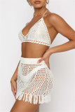 Knit Sexy Backless Fringed Trim Hollow Out Lace Up Bikini Sets Cover Ups Tassel Skirt Vacation Beach Swimwears