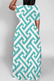 Casual Geometric Print O Neck Short Sleeve Pockets Floor Length Long Baggy Maxi Dress