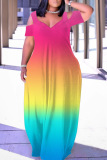 Casual Rainbow Color Gradient Print V Neck Cold Shoulder Hollow Out Baggy Loose Vacation Maxi Dresses