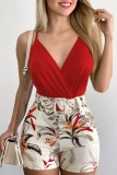 Sexy Floral Print Backless V Neck Sleeveless With Belt Cami Tops And Slim Fit Shorts Vacation Two Pieces Shorts Sets