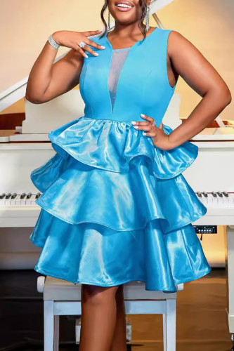 Party Evening U Neck Sleeveless Cinch Waist Tiered Ruffle Cake Skirt A Line Midi Dress