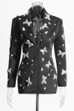 Casual Butterfly Sequins Rhinestone Decor Turndown Collar Long Sleeves Formal Office Lady Blazer Mini Dresses