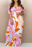Casual Pattern Print Off Shoulder Short Sleeve Loose Floor Lengh Contrast Vacation Maxi Dresses