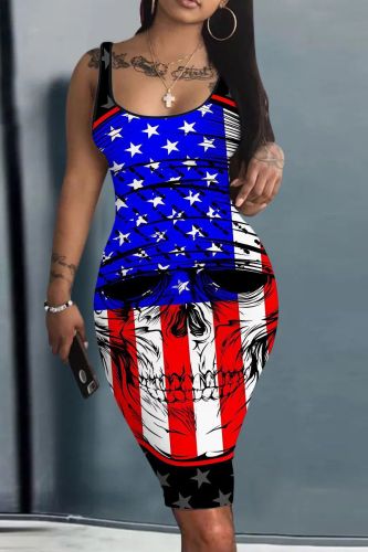 Casual Flag Star Print U Neck Sleeveless Bodycon Tank Midi Dresses