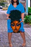 Casual Figure Print V Neck Short Sleeve With Pockets Baggy T Shirt Midi Dress