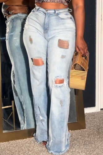 Casual High Waist Ripped Distressed Raw Hem Flare Leg Denim Jeans