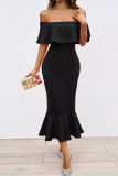 Sexy Prom Dropped Shoulder Ruffle Sleeve Cinch Waist Mermaid Hem Party Formal Bodycon Midi Dresses