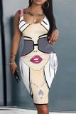 Casual Face Print U Neck Sleeveless Vest Bodycon Midi Tank Dresses