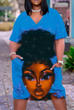 Casual Figure Print V Neck Short Sleeve With Pockets Baggy T Shirt Midi Dress