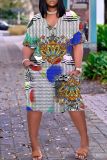 Casual Graphics Print Basic V Neck Short Sleeve Loose Pockets Midi T-shirt Dress
