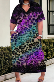 Casual Graphics Print V Neck Short Sleeves Pocket Straight Baggy Loose Plus Size T-shirt Midi Dresses